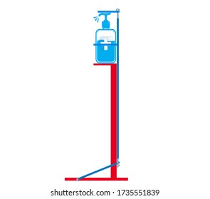 Hands Free Sanitizer Stand, a man showing how to use this equipment without touching hand sanitizer,  touchless equipment concept,Vector illustration