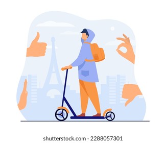 Hands of French people voting for or against electric scooters. Man riding personal transport or e-scooter, silhouette of Paris and Eiffel tower vector illustration. Mobility, transportation concept