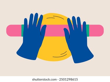 Manos con masa fresca y rodillo. Ilustración vectorial colorida
