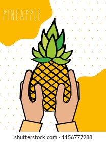 hands fresh pineapple natural drawn image dotted background