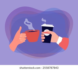 Hands of friends or colleagues holding cup and mug with coffee. People drinking hot drink flat vector illustration. Communication, friendship, coffee break concept for banner or landing web page