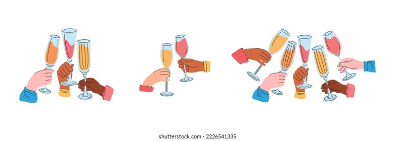 Hands of friends holding glasses with drinks full of champagne. Cheers or drinking toast to friendship. People of different nationalities drink sparkling wine. Collection vector flat illustration