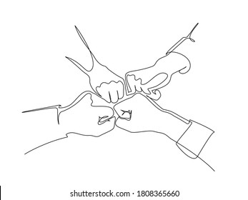 Hands of friends team bumping fists together. Continuous one line drawing. Illustration black isolated on white background.