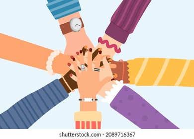 Hands friends together. Team friend, millennials relationship. Teenagers hand circle, fun friendship day. Community and support, cooperation decent vector metaphor