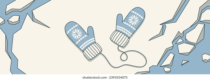 Concepto de Frostmorid de manos. Los guantes yacen en la nieve. Hielo y mitones. Los guantes de invierno yacen en la nieve. Pancarta fría y helada. Ilustración vectorial en estilo plano. Pancarta horizontal minimalista. Cabecera del sitio web.