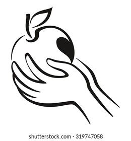 Hands and Fruit, Apple with Leaf Monochrome Black Pictogram Icon Isolated on White Background. Vector