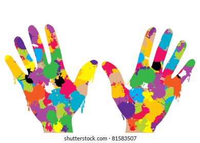 Hands full of colored paint