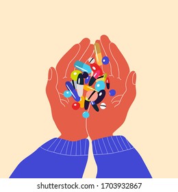 Hands full of pills vector hand drawn illustration. Pill Addiction Concept. Drug overdose. Antidepressant treatment. Taking supplements and vitamins every day