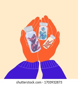 Hands full of pills vector hand drawn illustration. Pill Addiction Concept. Drug overdose. Antidepressant treatment. Taking supplements and vitamins every day