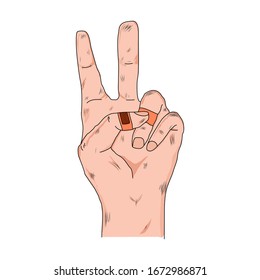 Hands full of wounds. Hand sign victory or peace and scissors. Vector illustration in sketch style.