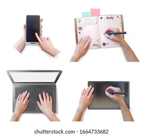 Hands with gadgets set. Realistic style. Notepad, diary, graphic tablet, laptop keyboard. Vector illustration