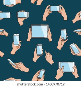 Hands with gadgets vector hand holding phone or tablet and character working on smartphone illustration set of digital device cellphone with touchscreen isolated on background