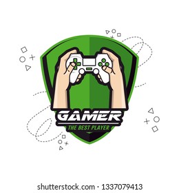 Hands with gamepad icon, logo, green.