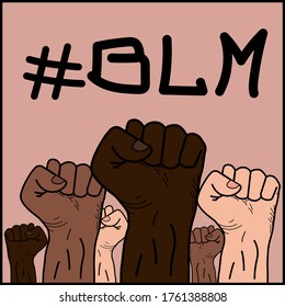 Hands gathered into a fist of people of different nationalities as a sign of protest against racism and inequality. Black Lives Matter.No Racism Poster.Vector illustration.