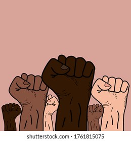 Die Hände versammelten sich in eine Faust von Menschen verschiedener Nationalitäten als Zeichen des Protests gegen Rassismus und Ungleichheit. Black Lives Matter.Kein Rassismus Poster.Vektorgrafik.