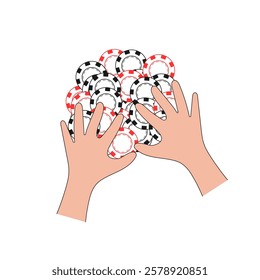 Hands gathering poker chips - casino gambling vector illustration.