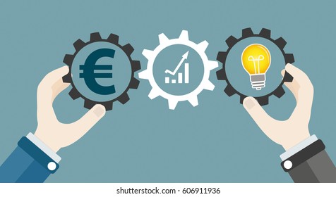 Hands with gear wheels, euro, chart and idea bulb. Eps 10 vector file.