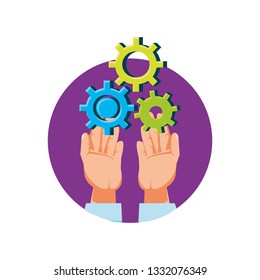 hands with gears machine isolated icon