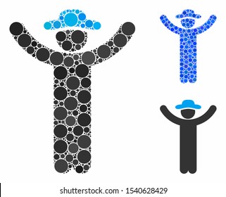 Hands up gentleman composition of small circles in different sizes and shades, based on hands up gentleman icon. Vector small circles are combined into blue composition.