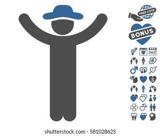 Hands Up Gentleman icon with bonus dating pictograms. Vector illustration style is flat iconic cobalt and gray symbols on white background.