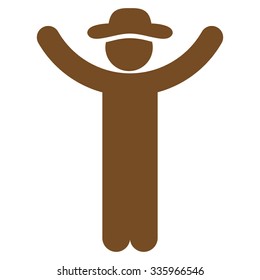 Hands Up Gentleman vector icon. Style is flat symbol, brown color, rounded angles, white background.