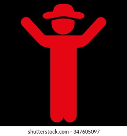 Hands Up Gentleman vector icon. Style is flat symbol, red color, rounded angles, black background.