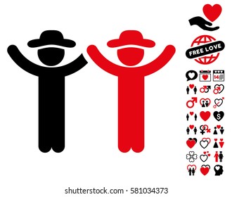 Hands Up Gentlemen icon with bonus marriage design elements. Vector illustration style is flat iconic intensive red and black symbols on white background.
