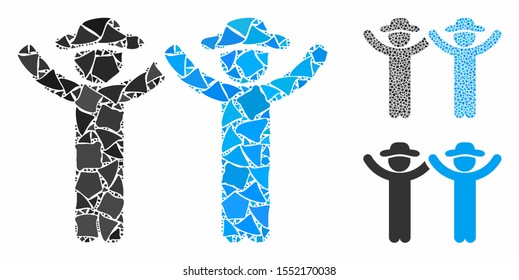 Hands up gentlemen mosaic of unequal pieces in variable sizes and color hues, based on hands up gentlemen icon. Vector bumpy pieces are organized into mosaic.