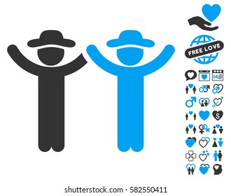 Hands Up Gentlemen pictograph with bonus decorative pictograms. Vector illustration style is flat iconic blue and gray symbols on white background.