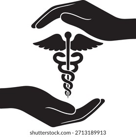 Las manos acunan suavemente el caduceo, simbolizando la atención médica protegida y los servicios de salud.