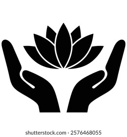 Hands gently cradling a lotus flower, symbolizing care, peace, and serenity. Minimalist design perfect for wellness or spa themes.