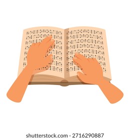 Mãos deslizando suavemente sobre o braille, decifrando os pontos elevados de um livro, simbolizando o acesso ao conhecimento e à literatura para indivíduos com deficiência visual