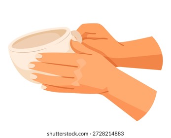 Hands gently holding a ceramic cup, flat graphic style on a white background. Concept of warmth, comfort, or care. Vector illustration