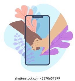 Hands gently holding each other through smartphone messenger application. Creative concept idea social networks, hands outstretched connect. Vector illustration