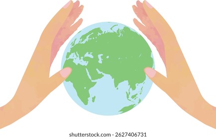 Hands Gently Holding the Earth with Eurasia, Africa and the Indian Ocean