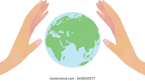 Hands Gently Holding the Earth with Eurasia, Africa and the Indian Ocean