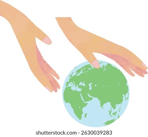 Mãos gentilmente segurando a Terra com a Eurásia, África e o Oceano Índico