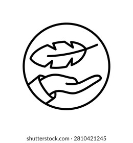 hands gently holding a feather illustration. Softness and gentle touch icon.
