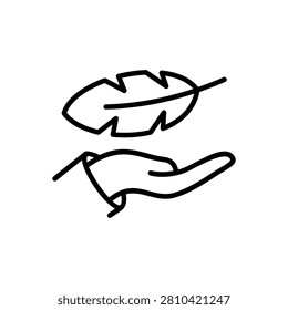 hands gently holding a feather illustration. Softness and gentle touch icon.