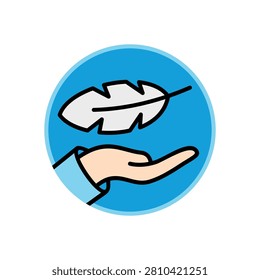 hands gently holding a feather illustration. Softness and gentle touch icon.
