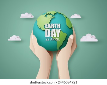 Hands gently holding the globe with Earth Day text and 22 April date, promoting awareness and care.
