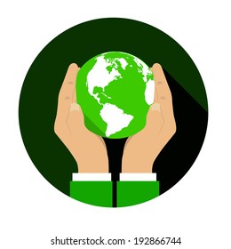 Hands gently holding a globe. Vector illustration in flat style
