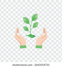 Hands gently holding a green plant, symbolizing care, growth, and environmental sustainability.