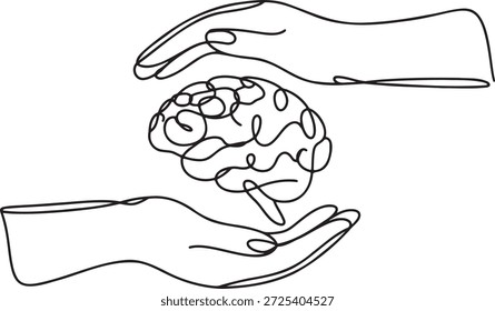 Hände, die sanft ein menschliches Gehirn halten, in einem einzigen durchgehenden Linien-Zeichnungsstil dargestellt. Vermittelt Konzepte für Pflege, Unterstützung, Wissen, Intelligenz und geistiges Wohlbefinden. Symbolisiert Schutz, nährende Ideen und kognitive Gesundheit. Ideal für Themen aus den Bereichen Psychologie, Bildung und Gesundheit.