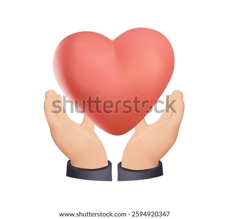 A hands gently holding red heart 3D illustration. Love, care and support concept. Donation, heart in hands 3D illustration. Compassion, care and kindness isolated on white background