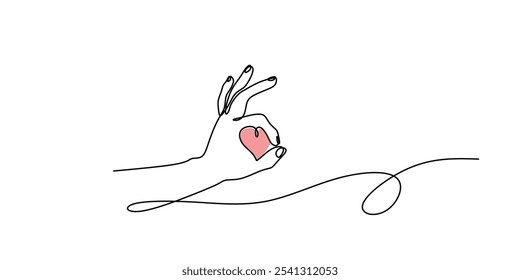 Las manos tocan suavemente el símbolo del corazón con gran afecto en un dibujo continuo de una línea. Concepto de amor. Diseño minimalista dibujado a mano.