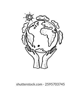 Hands gesture care, protection, and environmental awareness doodle earth hand drawn.