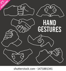 Hands gesture hand drawn vector doodle illustration over chalkboard isolated on black background. Vector doodle illustration with editable stroke/outline