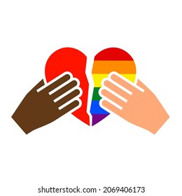 Hands gesture with heart and flag of pride lgbt, drawn fingers hold symbol lgbtq