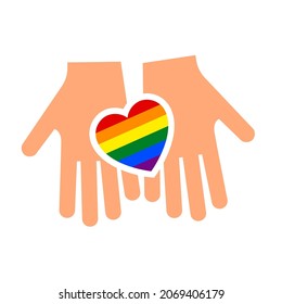 Hands gesture with heart and flag of pride lgbt, drawn fingers hold symbol lgbtq